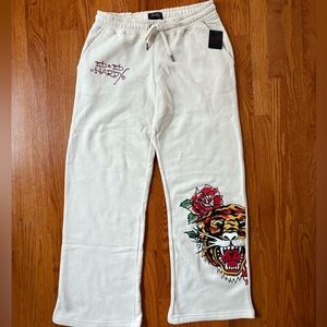 Ed Hardy Tiger Rose Women’s Wide Leg Fleece Cream Sweatpants Large